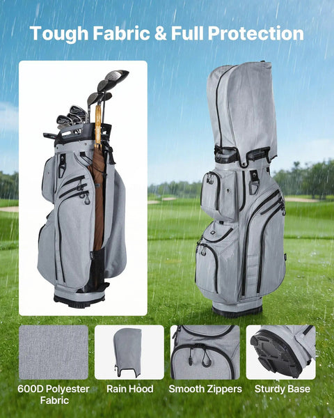 15 Way Top Divider Golf Cart Bag with Full Length Dividers, rain hood, and pockets shown on green. 600D Cationic Polyester for men.