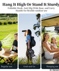 Portable Camping Fan With Light And Remote, Oscillating Battery Powered Tent Fan sitting on outdoor table, girl holding fan, fan hanging in vehicle
