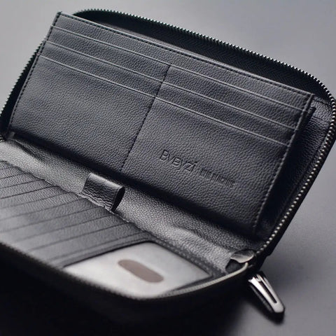 Interior view of Women RFID Blocking Leather Wallet Zip Around Phone Clutch With Large Capacity 17 Card Slots And ID Window Travel Pouch Wristlet Genuine Leather Organizer For Everyday Carry Stylish Black.