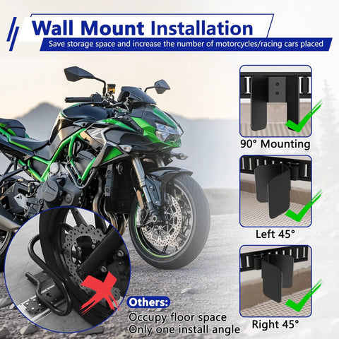 E Track Wheel Chock Set For E Track System Wall Mount 4 Pack Fits Motorcycle Dirt Bike Bicycle Enclosed Trailer Garage Tires Up To Six Inches Wide Ideal For Trailers And Garages, shown in use with motorcycle