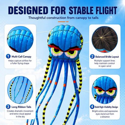 26Ft Sky Octopus Kite Mega Giant 3D Parafoil for Adults and Kids Blue With 1000D String features stable flight design