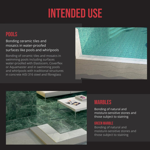 Pro-Grade Two-Component Reactive Adhesive for ceramic tiles in pool and marble floor installation settings.
