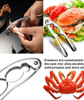 Stainless Steel Nutcracker Seafood Sheller With Dual Diameter Crushing Cones in use on crab claw, lobster platter beside it.
