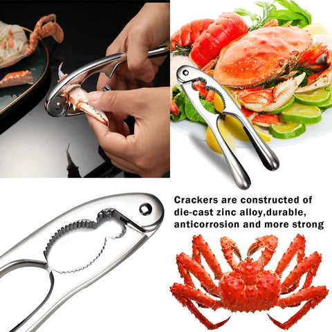Stainless Steel Nutcracker Seafood Sheller With Dual Diameter Crushing Cones in use on crab claw, lobster platter beside it.