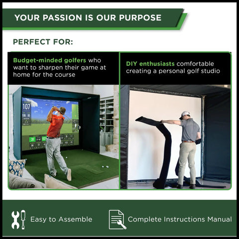 DIY Home Golf Simulator Enclosure Kit With Impact Screen Surround And Cushioned Padding For Indoor Practice Budget Friendly Setup Poles Not Included 10 Ft 10 In By 8 Ft 4 In By 5 Ft displayed with assembly