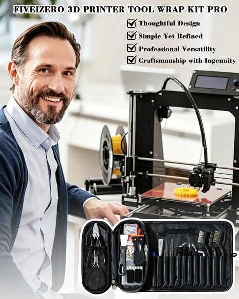 Top Shelf 78 Piece 3D Printer Tool Kit With Tough Storage Case For All FDM And SLA Printers flat open tool kit showcasing various tools against printer backdrop.