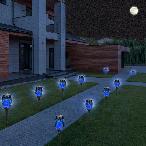 12 Pack Solar Tiki Torch Lights Outdoor Waterproof Blue Flickering Flame for yard lighting along garden pathway at night