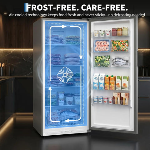 Frost Free Upright Freezer Single Door Stand Up 20 Cubic Feet with adjustable shelves and frost-free technology.