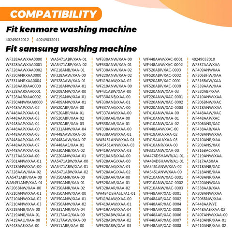 Compatibility list for Upgraded Washer Drain Pump Replacement DC31-00054A 62902090 for Kenmore and Samsung washers models.