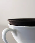 Prime Pick Japanese Ceramic Coffee Dripper With Reusable Filter And Ultra Fine Pores And Eco Friendly Hand Pour Setup resting on a white cup.