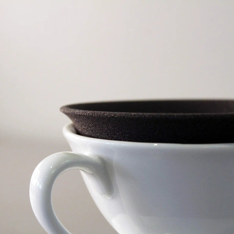 Prime Pick Japanese Ceramic Coffee Dripper With Reusable Filter And Ultra Fine Pores And Eco Friendly Hand Pour Setup resting on a white cup.