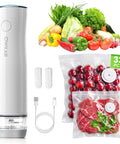 Portable Handheld Vacuum Sealer For Food With 32 Reusable Bags, fresh vegetables, sealed cherries and meat with USB-C cable