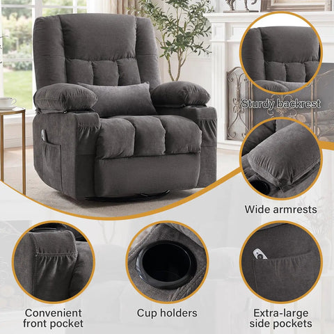 Relax In A 360 Swivel Rocker Recliner With Massage And Heat, Oversized Cozy Sofa Chair with side pocket and cup holders