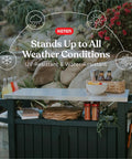Unity XL Portable Outdoor Table With Stainless Steel Top For Kitchen Prep And Outdoor Storage Cabinet For Grillin Accessories In Dark Grey With 78 Gallon Total Storage And Durable All Weather Resin Build in garden setting with condiments on top
