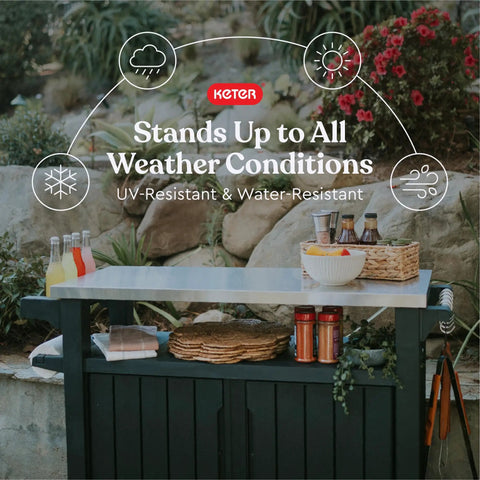 Unity XL Portable Outdoor Table With Stainless Steel Top For Kitchen Prep And Outdoor Storage Cabinet For Grillin Accessories In Dark Grey With 78 Gallon Total Storage And Durable All Weather Resin Build in garden setting with condiments on top