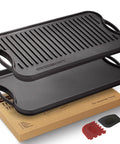 Reversible Cast Iron Grill Pan For Stovetop, 17 By 9.8 Inch Dual Sided Griddle showing smooth and ribbed surfaces, over burners