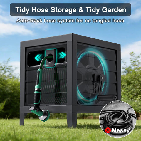 Heavy Duty 150 Ft 5/8 Inch Garden Hose Reel Box With Manual Crank Large Capacity Hose Storage Deck Box Hose Guide