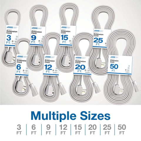 Heavy Duty 12ft Appliance Extension Cord With 14 Gauge High Voltage Flat End 3 Prong Plug Gray Indoor displayed with other sizes