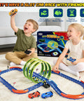 Kids playing with Slot Car Race Track Set With Glow In The Dark Tracks, 71 Pieces, USB Rechargeable Light Up Car, 360 Degree Triple Loops