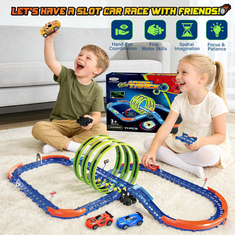 Kids playing with Slot Car Race Track Set With Glow In The Dark Tracks, 71 Pieces, USB Rechargeable Light Up Car, 360 Degree Triple Loops