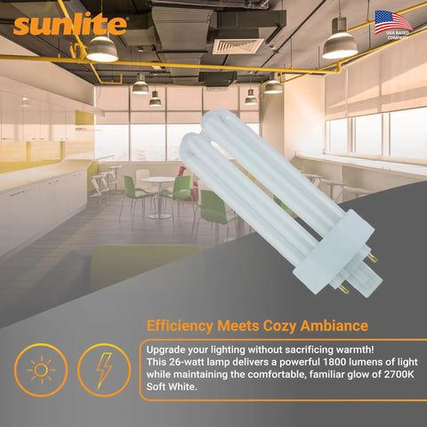 Compact Fluorescent Plug-In 4 Pin GX24q3 Base Triple Tube Bulb, 26 Watts, 1800 Lumens, 2700K Soft White, bulb in modern office