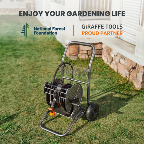 Heavy Duty Garden Hose Reel Cart With Wheels, All Weather Metal Frame, 200 Feet Of One Half Inch Hose Capacity shown on grass