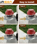 Propane regulator valve kit with red knob and brass fittings; four-view collage showing 0–20 PSI adjustable unit.