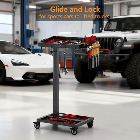 Adjustable Height Tool Cart With Wheels For Garage And Workshop, 36.2 To 42.9 Inch Height Range, Heavy Duty Metal Rolling Tool Tray Table in garage