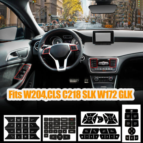 Mercedes Benz Dash Button Repair Kit With Stickers And Decals installed on car interior, fits W204, CLS C218 SLK W172 GLK models.
