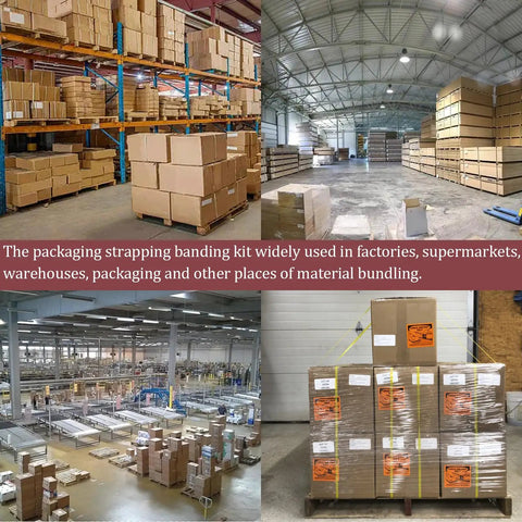 All‑In‑One Pallet Strapping Kit With Poly Strapping Bundle Tool And Sealer, Heavy Duty Packaging Banding Set That Straps Any Load in warehouse.