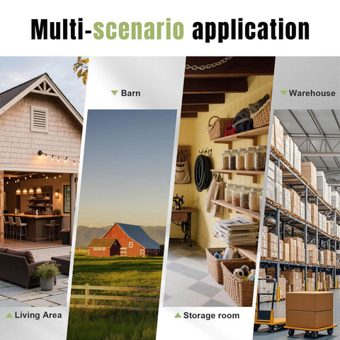 Exterior Sliding Barn Door Hardware Kit With Box Rail Track Supports Up To 450 Pound Capacity Built Tough Weather Resistant Steel Wall Mount System For Outdoor Use Fits Double 36 Inch Door for versatile applications shown in a living area, barn, storage room, and warehouse.