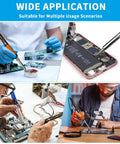 Collage showing Blue All In One Soldering And Desoldering Kit With Multimeter 60W Adjustable Iron in use for electronics repair.