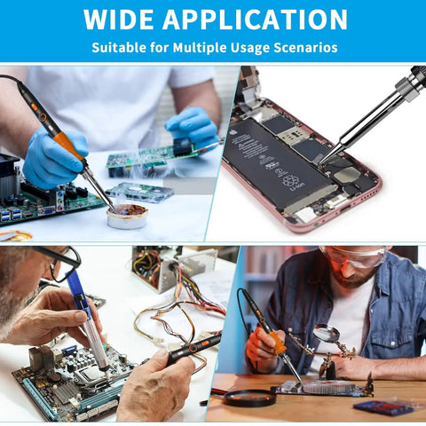 Collage showing Blue All In One Soldering And Desoldering Kit With Multimeter 60W Adjustable Iron in use for electronics repair.