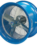 Thirty Four Inch High Velocity Fan Real Workhorse Design Heavy Duty Shop Ready Air Circulator With Three Horsepower Direct Drive Motor 230 460 Volt Maintenance Free Bearings For Massive Warehouse Cooling, side view highlighting the blue metal casing and blades.