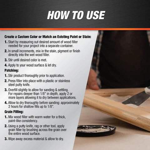 Instructions for using Premium White Wood Filler 16 Oz 3 In 1 Stainable Grain Filler And Sealer Coat Pro Grade for patching and grain filling