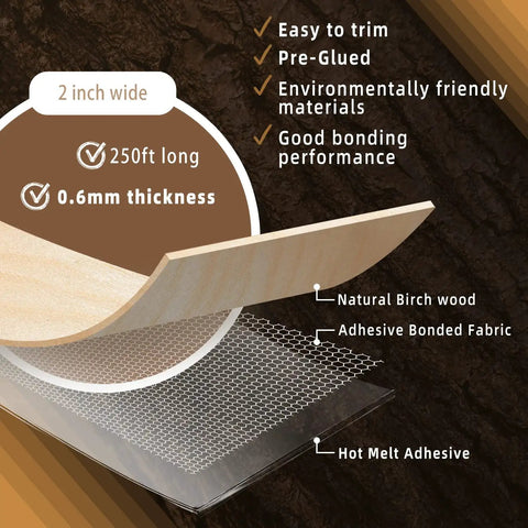 Birch Edge Banding Roll 2 Inch By 250 Feet Pre Glued Real Wood Veneer Tape thickness and material features highlighted.