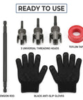 Heavy Duty Pipe Threader Kit For Electric Drill includes extension rod, 3 universal threading heads, gloves, and Teflon tape.