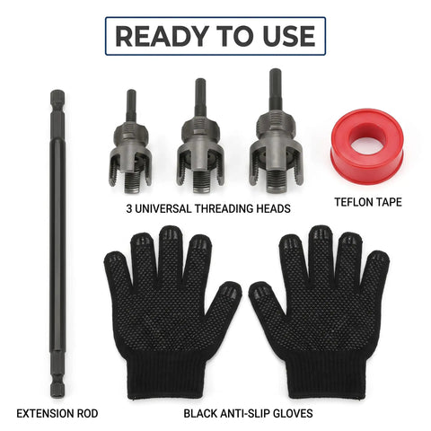 Heavy Duty Pipe Threader Kit For Electric Drill includes extension rod, 3 universal threading heads, gloves, and Teflon tape.