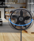 Pedestal Standing Fan With Adjustable Height From About 38 To 54 Inches Tilt Control 3 Speed Oscillating Airflow For Bedroom Portable 18 Inch Black Breezy Air Circulator showcasing 60-degree oscillation in a living room.