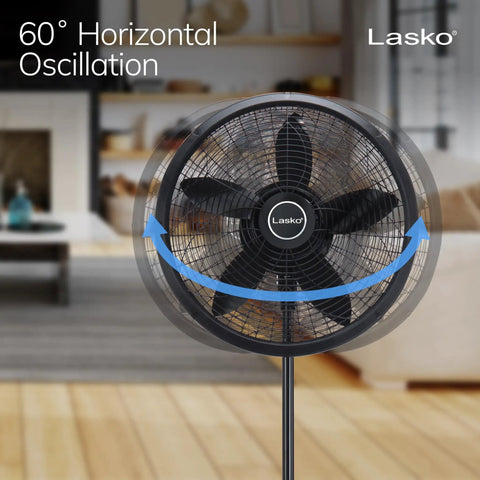 Pedestal Standing Fan With Adjustable Height From About 38 To 54 Inches Tilt Control 3 Speed Oscillating Airflow For Bedroom Portable 18 Inch Black Breezy Air Circulator showcasing 60-degree oscillation in a living room.