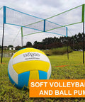 Four Way 14 Foot By 14 Foot Height Adjustable Outdoor Volleyball And Badminton Net Set with Volleyball, outdoors on grass