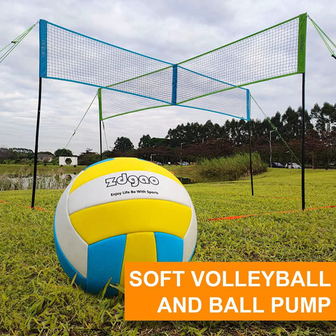 Four Way 14 Foot By 14 Foot Height Adjustable Outdoor Volleyball And Badminton Net Set with Volleyball, outdoors on grass