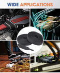 Collage showing Tough As Nails Braided Heat Shrink Wiring Loom Sleeve For High Temp Protection and various applications