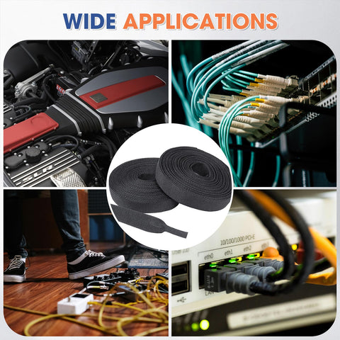 Collage showing Tough As Nails Braided Heat Shrink Wiring Loom Sleeve For High Temp Protection and various applications