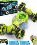 XUERENTECH 1:12 scale green gesture-sensing RC stunt car with LED lights, 4WD monster truck and wrist controller (front view).