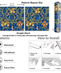Vintage Bird Peel and Stick Wallpaper in Blue Floral Pattern close-up featuring birds and flowers with install instructions.
