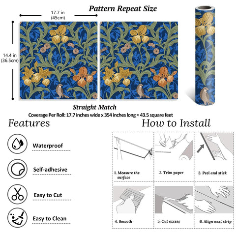 Vintage Bird Peel and Stick Wallpaper in Blue Floral Pattern close-up featuring birds and flowers with install instructions.