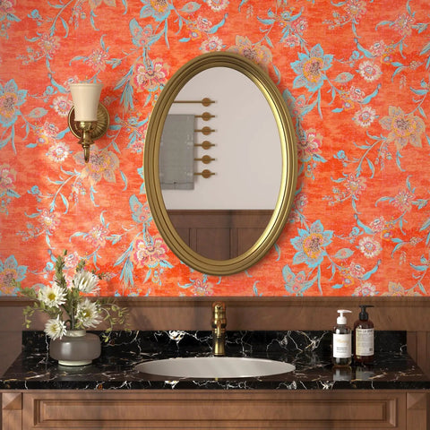 Vintage Floral Peel And Stick Wallpaper Dope Vibe In Bold Orange Red Watercolor Self Adhesive For Bedroom Living Room Wardrobe
