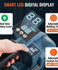 Fengxcxy Handheld Electric PET Strapping Machine With Adjustable Tension For PP PE Plastic Bands Lightweight Portable Tool displaying smart LCD digital screen.