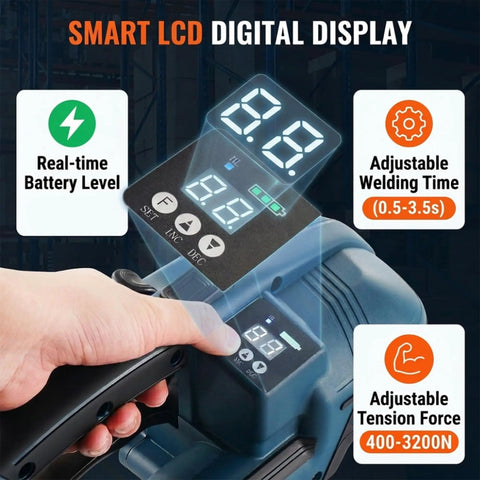 Fengxcxy Handheld Electric PET Strapping Machine With Adjustable Tension For PP PE Plastic Bands Lightweight Portable Tool displaying smart LCD digital screen.